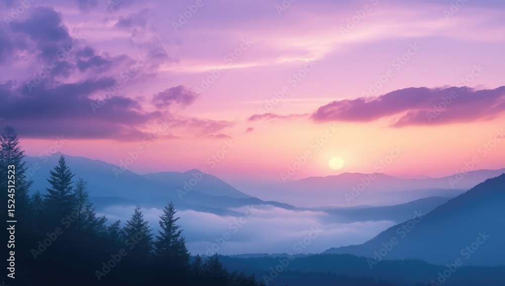 Obraz premium Sunrise over misty mountain range. Silhouette trees at foreground. Pastel colors