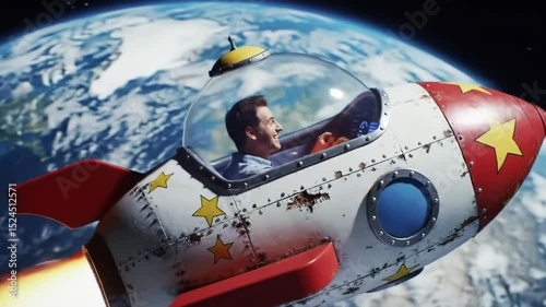 A colorful rocketship speeds through outer space with a joyful pilot at the helm. Bright stars twinkle in the background as the rocket zooms past cosmic wonders