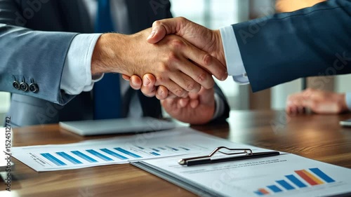 Deal handshake in boardroom: A close-up of two individuals shaking hands over a table, symbolizing agreement and partnership in a business setting. Illustrating corporate interactions, deal-making.