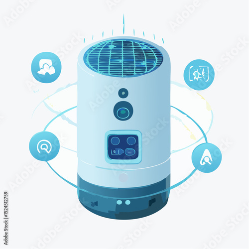 A sleek futuristic air purifier design with a hovering core and glowing vents in flat minimal style.