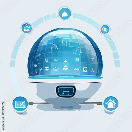 A glowing orb-shaped assistant hub for smart homes, designed in a clean and minimal futuristic vector style.