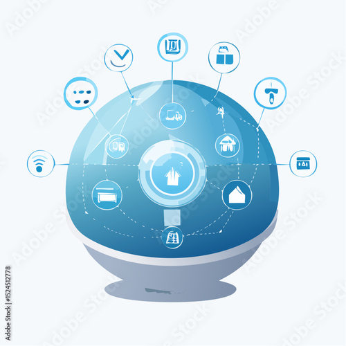A glowing orb-shaped assistant hub for smart homes, designed in a clean and minimal futuristic vector style.