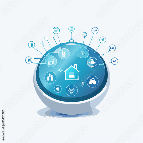 A glowing orb-shaped assistant hub for smart homes, designed in a clean and minimal futuristic vector style.
