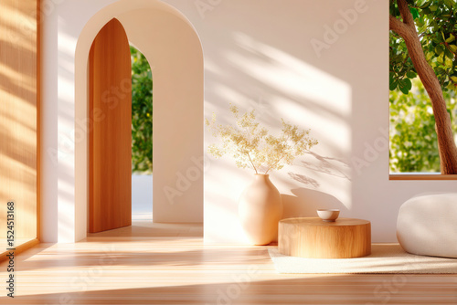 Minimalist sunlit room with wooden window frames casting shadows