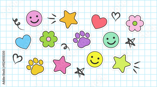 Cute sticker vector illustrations. Colorful cartoon graphic sticker set with smiley face, flower, heart, paw, and star on notebook grid paper with scribbles. Isolated elements.