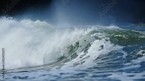 Intense wave breaks with incredible force near the coastline as sunlight reflects off the surface, creating a beautiful scene of nature's power and artistry