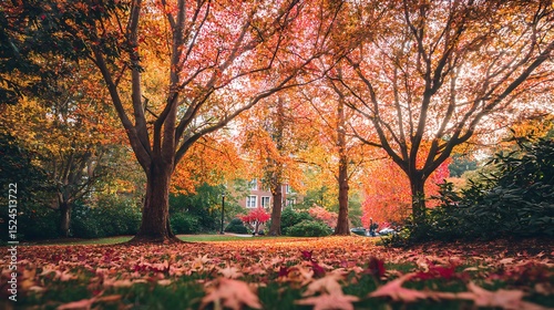 Autumn leaves bright trees serene scene