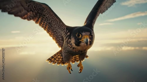 A falcon effortlessly glides through the sky as the sun rises, showcasing its powerful wings and sharp features. The vibrant colors of dawn form a breathtaking backdrop to this moment