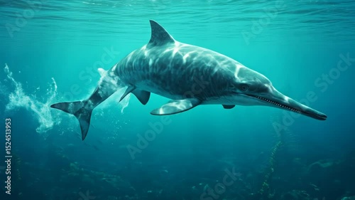 Explore the mesmerizing movement of a large marine creature as it swims effortlessly through vibrant blue waters, surrounded by marine plants and schools of fish