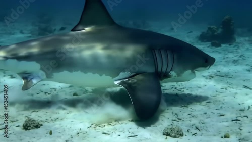 A large shark moves gracefully through the stunning blue depths of the ocean, showcasing its strength and beauty as it navigates the sandy seabed and underwater terrain