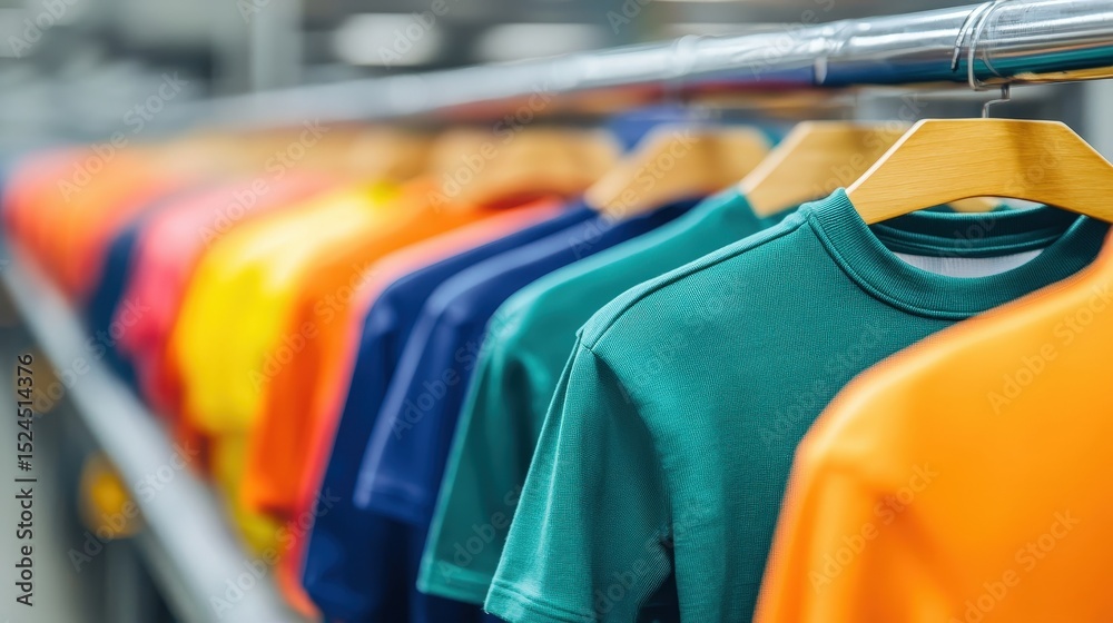 Fototapeta premium Colorful T-shirts neatly hanging on wooden hangers in a clothing store display.