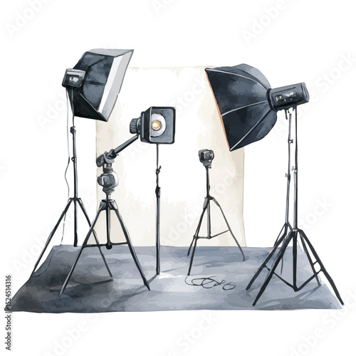 watercolor of Studio Lighting Kits, vector high quality, isolated on a white background.
