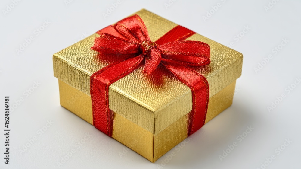 Obraz premium Golden gift box with red ribbon bow, symbolizing luxury and celebration 