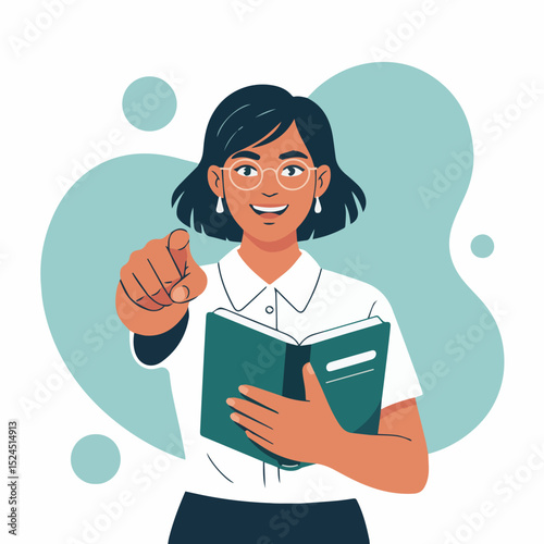 Smiling woman in glasses points at book holding it education concept girl flat teal smile happy study style