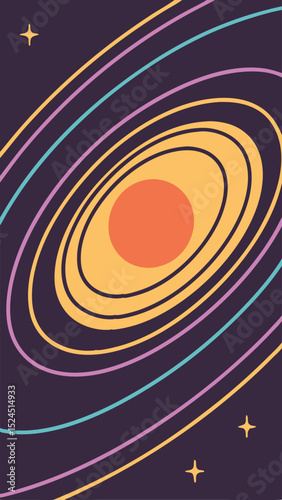 Abstract celestial illustration featuring colorful orbital rings and star elements
