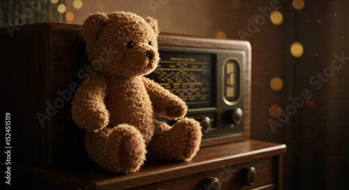 A nostalgic scene with a classic teddy bear beside an old radio, evoking childhood memories.