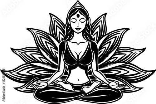 silhouette of a yoga. Woman sitting in lotus position, meditating. Sacred Lotus Flower blossom symbol of yoga 