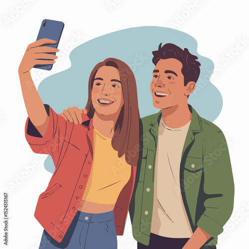 Happy young couple taking a selfie together smiling joyful summer day outdoors red fun love flat blue phone
