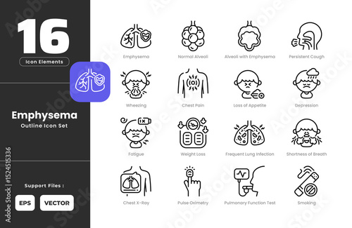Emphysema Symptoms Icon Set Collection - Outline Line Art Style. Containing Depression, Emphysema, Fatigue, Loss of Appetite, Pulmonary Function Test, Smoking, Weight Loss, Alveoli with Emphysema.