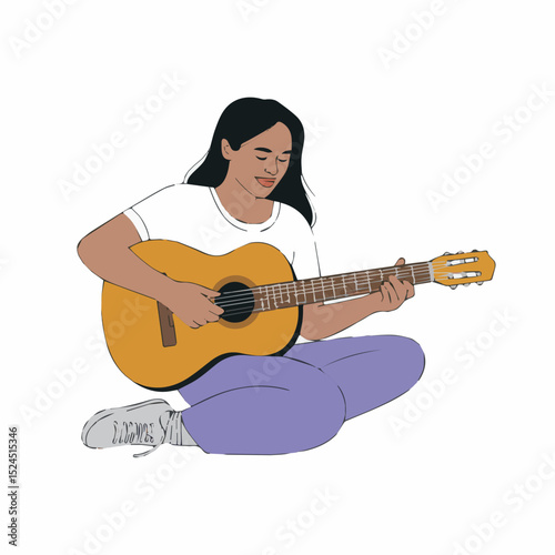 Young woman playing acoustic guitar sitting cross legged relaxed music art song girl calm happy hobby white