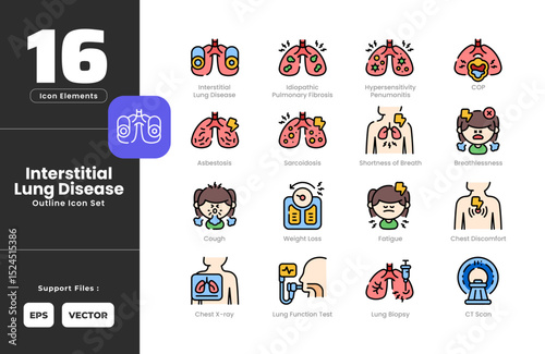 Interstitial Lung Disease ILD Symptoms Icon Set Collection -Outline Line Art Style. Containing Asbestosis, Breathlessness, Chest Discomfort, Chest X Ray, COP, Cough, CT Scan, Fatigue, Hypersensitivity