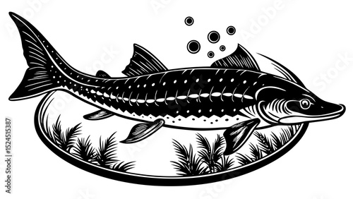 Sturgeon swimming in a decorative pond with aquatic plants  