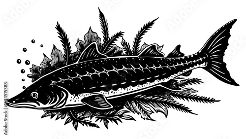 Sturgeon fish swimming among aquatic plants in black and white  