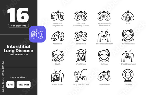 Interstitial Lung Disease ILD Symptoms Icon Set Collection -Outline Line Art Style. Containing Asbestosis, Breathlessness, Chest Discomfort, Chest X Ray, COP, Cough, CT Scan, Fatigue, Hypersensitivity