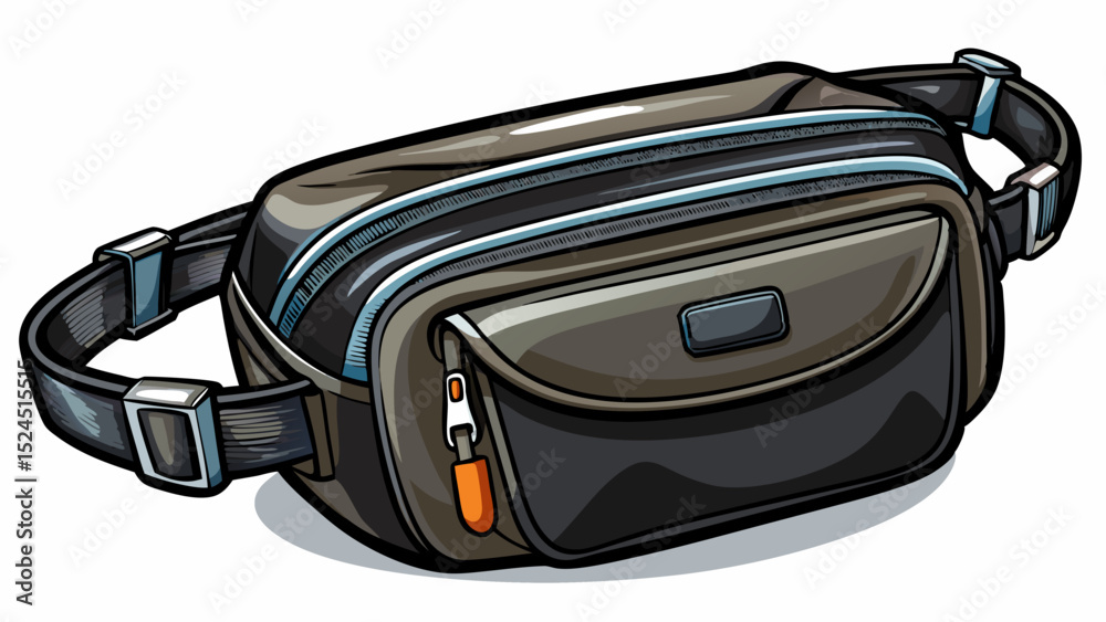 Fototapeta premium Compact black belt bag with adjustable strap and front zipper. Close view emphasizes everyday utility. White background ensures focus remains on simple form and urban style.