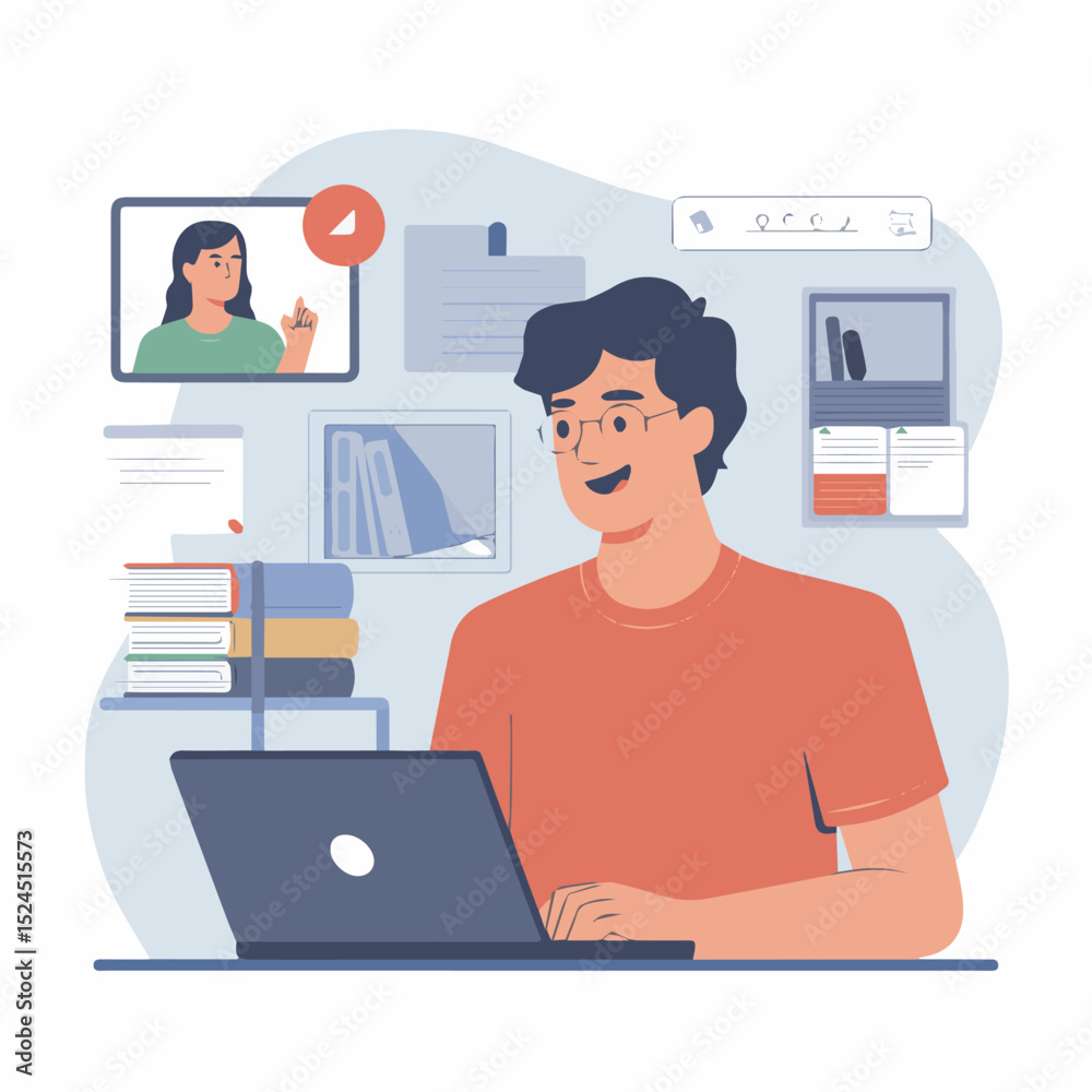 Young man working from home on laptop video conference online meeting desk flat study adult style happy office Young man working from home on laptop video conference online meeting desk flat study adult style happy office