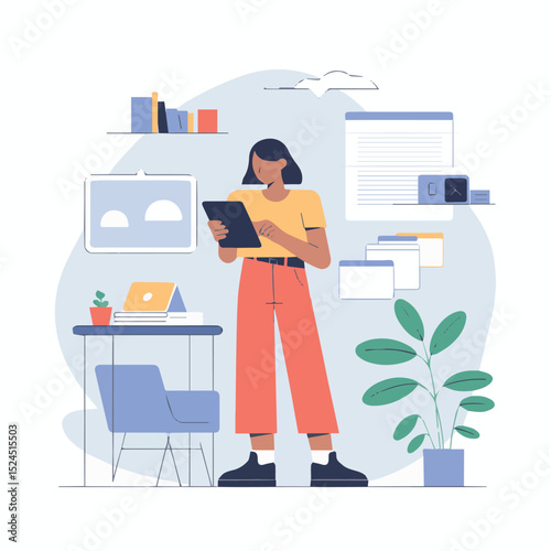 Young woman using tablet in modern home office workspace setting desk blue flat chair plant files coral style