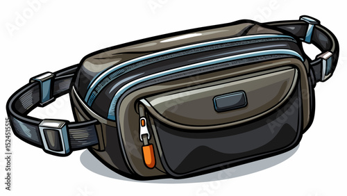 Compact black belt bag with adjustable strap and front zipper. Close view emphasizes everyday utility. White background ensures focus remains on simple form and urban style.