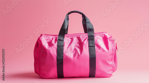 A stylish pink gym bag with handles and a shoulder strap, isolated on a pink background
