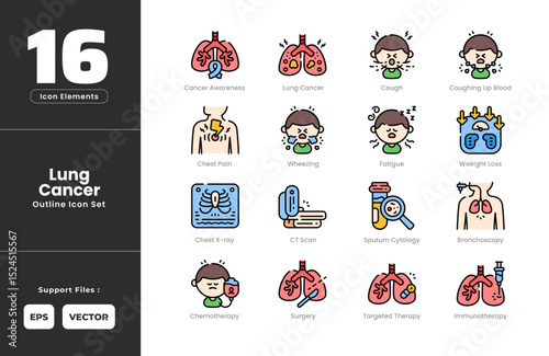 Lung Cancer Symptoms Icon Set Collection - Outline Line Art Style. Contain Bronchoscopy, Lung, Cancer, Awareness, Chemotherapy, Chest, Pain, Xray, Cough, Hemoptysis, CT, Scan, Fatigue, Immunotherapy.