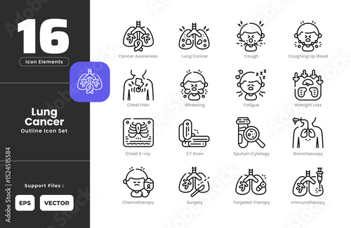 Lung Cancer Symptoms Icon Set Collection - Outline Line Art Style. Contain Bronchoscopy, Lung, Cancer, Awareness, Chemotherapy, Chest, Pain, Xray, Cough, Hemoptysis, CT, Scan, Fatigue, Immunotherapy.