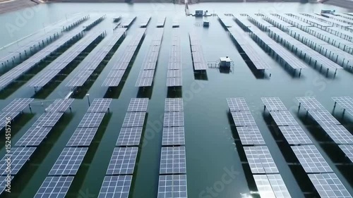 Aerial view of solar panels on a water surface, creating a modern, eco-friendly energy solution.