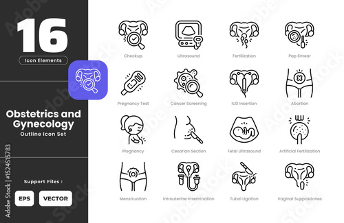 Obstetrics and Gynecology Symptoms Icon Set Collection - Outline Line Art Style. Containing Abortion, Artificial, Fertilization, Cancer, Screening, Cesarian, Section, Checkup, Fetal, Ultrasound.