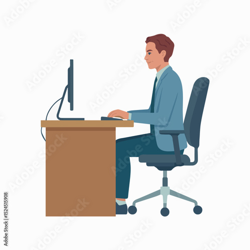 Businessman working at desk typing on computer keyboard job flat blue gray data clean brown white chair office