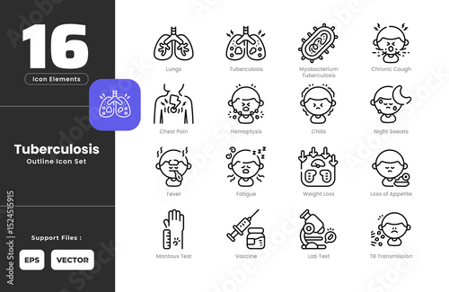 Tuberculosis TB Symptoms Icon Set Collection - Outline Line Art Style. Containing Chest, Pain, Chills, Chronic, Cough, Fatigue, Fever, Hemoptysis, Loss, Appetite, Lungs, Night, Sweats, Mycobacterium.