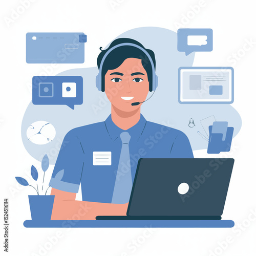 Friendly customer service representative working on laptop providing excellent online support man help desk