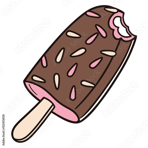 Cartoon Bitten Ice Cream Bar With Almond Sprinkles On A Stick Isolated On White