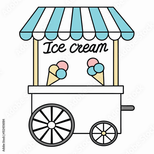 Cute Ice Cream Cart with Turquoise Canopy and Colorful Ice Cream Cones Isolated