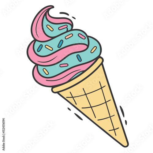 Delightful Cartoon Ice Cream Cone with Sprinkles Isolated on White Background