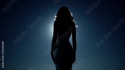 A person stands gracefully in profile as the moon rises in the background, highlighting their silhouette against a dark sky. The calm ocean adds to the serene atmosphere during twilight