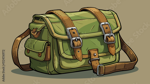 Olive green canvas shoulder bag with flap and side buckle. Weathered texture and compact size visible in clean vector design. A rugged yet stylish accessory for outdoor-themed artwork.