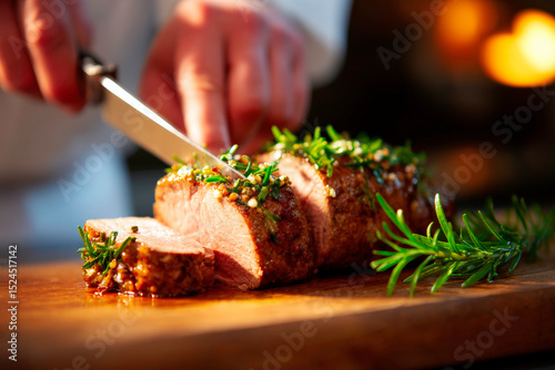 Chef slicing juicy roast beef on wooden board in kitchen