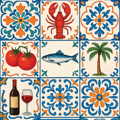 Mediterranean Tiles A vibrant illustration of seafood, fruits, and wine