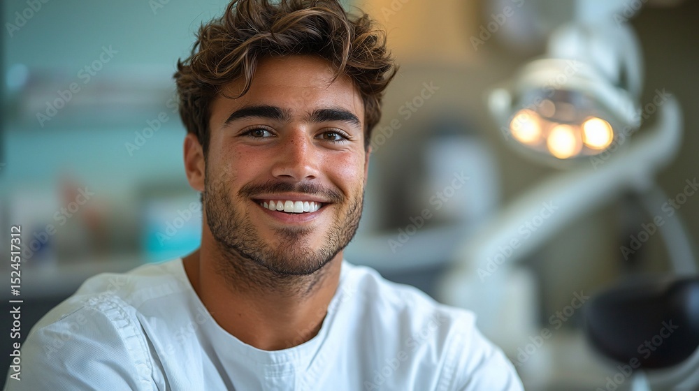 Fototapeta premium Smiling young man in a white uniform, possibly a dentist, in a dental office