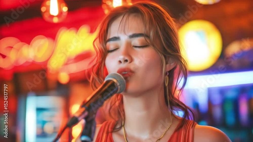 A young Asian woman singing joyfully into a microphone with a vibrant, colorful background.