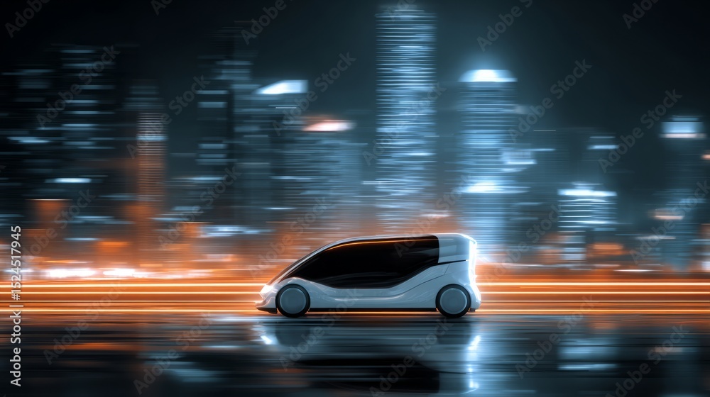 Fototapeta premium Futuristic vehicle gliding through city lights, embodying speed and urban innovation 